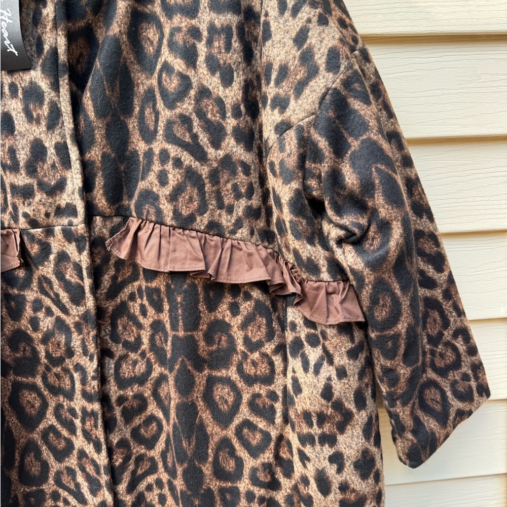 RuXuan Woman’s XL Helen Heart Leopard Print Swing Coat Ruffle Trim 3/4 Quarter - Picture 4 of 14